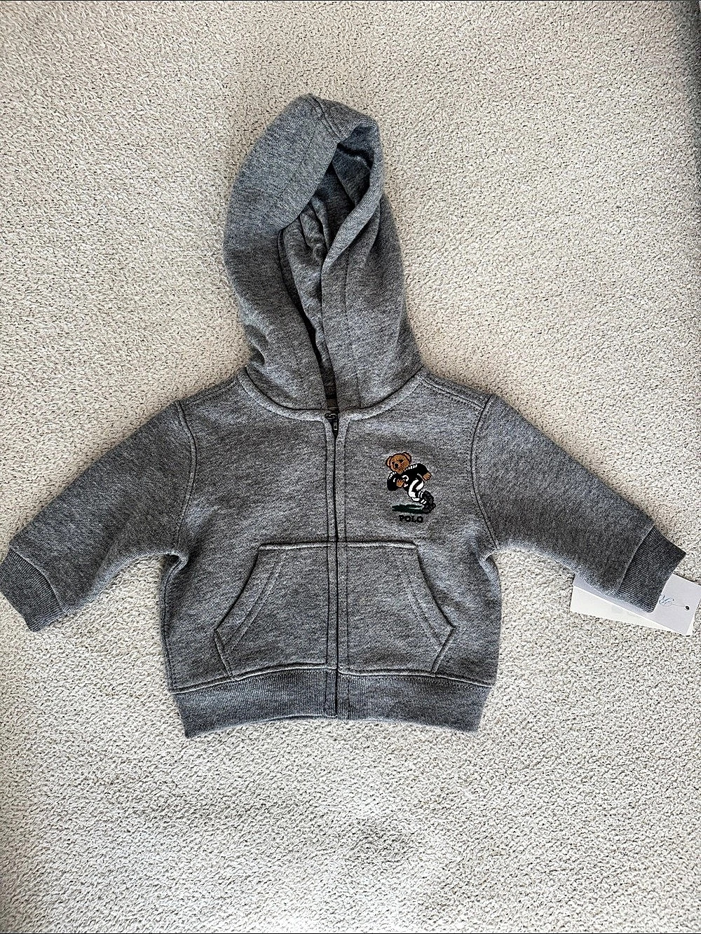 Ralph Lauren Polo Bear Football Fleece Hoodie Gray Baby 3M